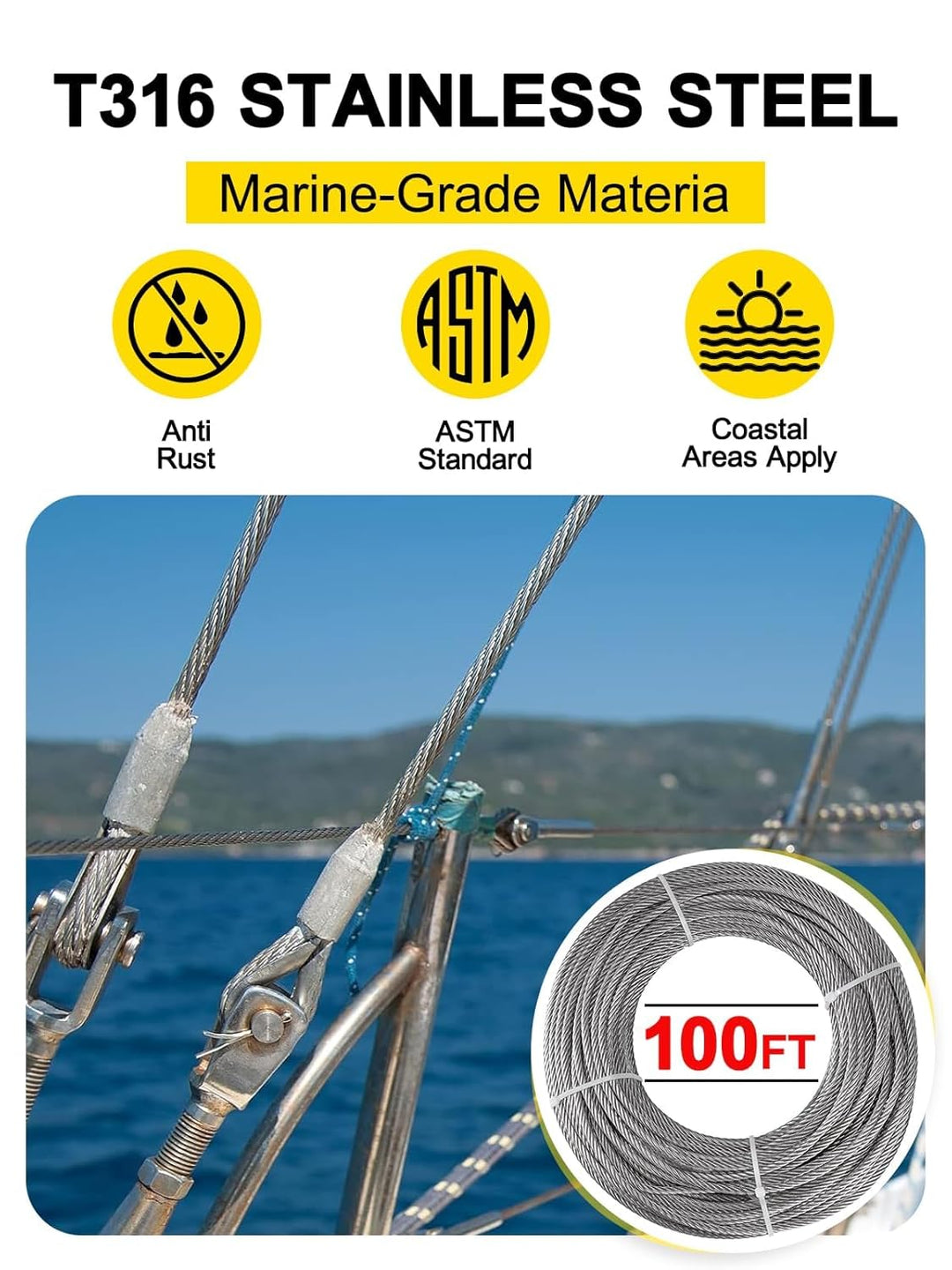 TooTaci 5mm T316 Edelstahlseil, 30M /5mm Drahtseil, Schwerlast-Geländerset – 7×19 Litzen Marinequali