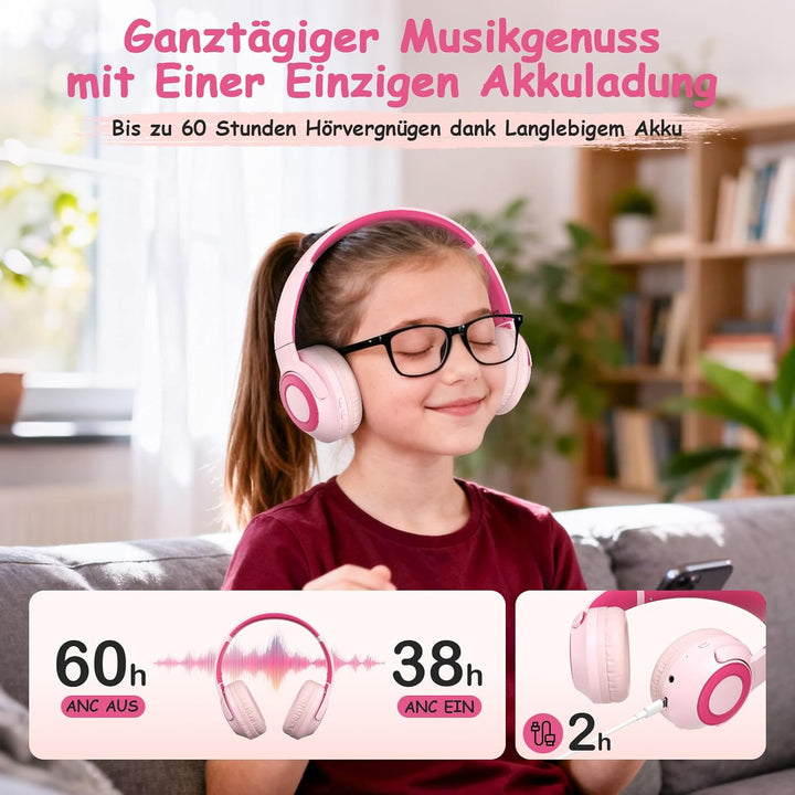 Kopfhörer Kinder Bluetooth | Noise Cancelling Kopfhoerer Kinder | 60h Spielzeit, Leicht über Ohr Kin