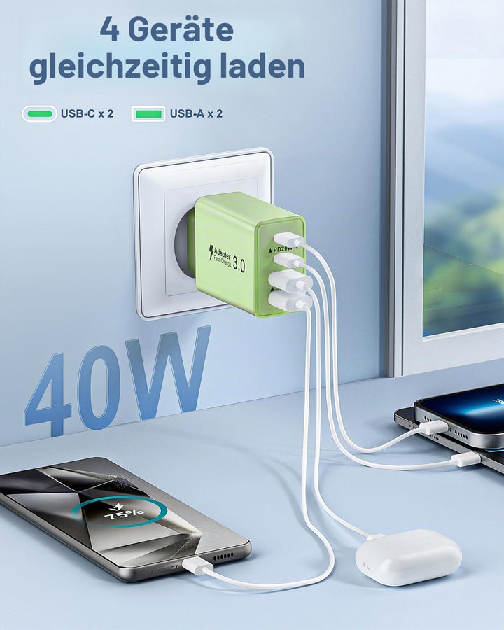 USB C Ladegerät, 2-Pack 40W 4 Ports USB C Stecker Schnellladegerät Mehrfach Ladestecker mit PD+QC Po