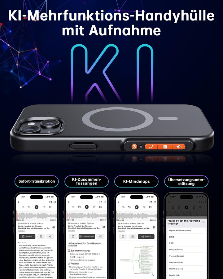 NUASI KI Digitales Diktiergerät mit Handyhülle, App-Steuerung, über 80+ Sprachen, Transkribieren und