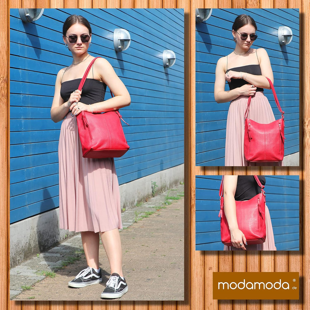 modamoda de - T195 - ital Umhängetasche Schultertasche aus Leder Altrosa, Altrosa