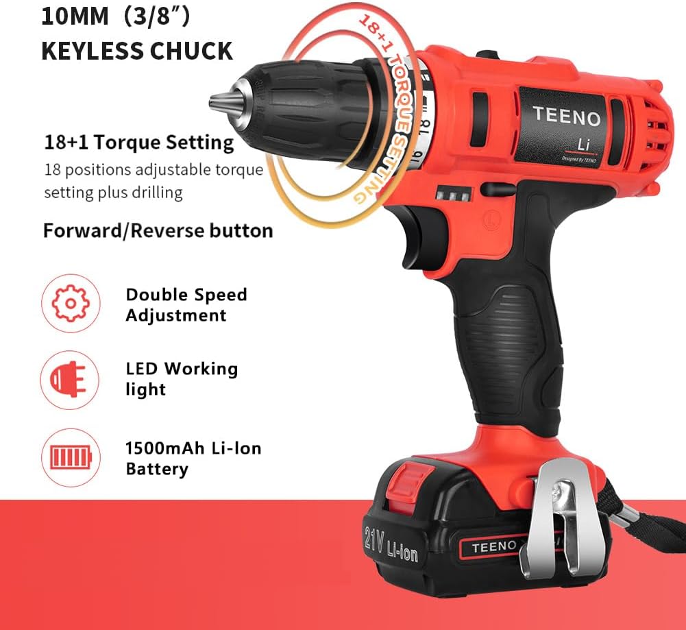 TEENO Akku-Bohrschrauber 21 V, 2 Geschwindigkeiten Akku-Bohrmaschine, 1 Lithium-Akkus 1,5 Ah, Schnel