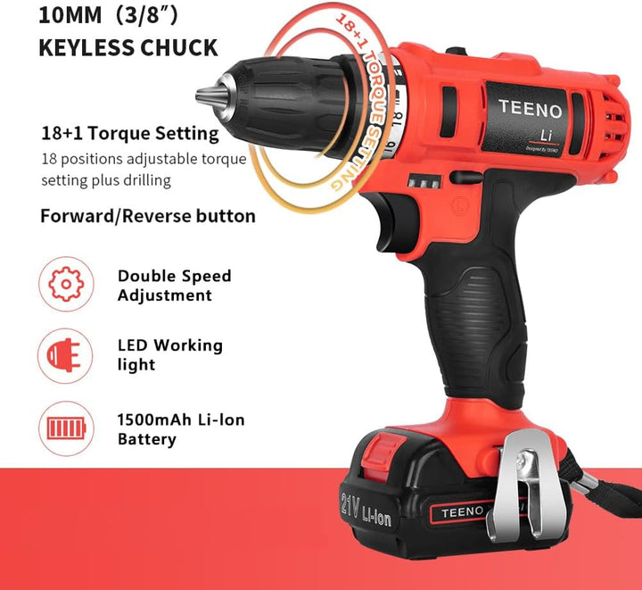 TEENO Akku-Bohrschrauber 21 V, 2 Geschwindigkeiten Akku-Bohrmaschine, 1 Lithium-Akkus 1,5 Ah, Schnel