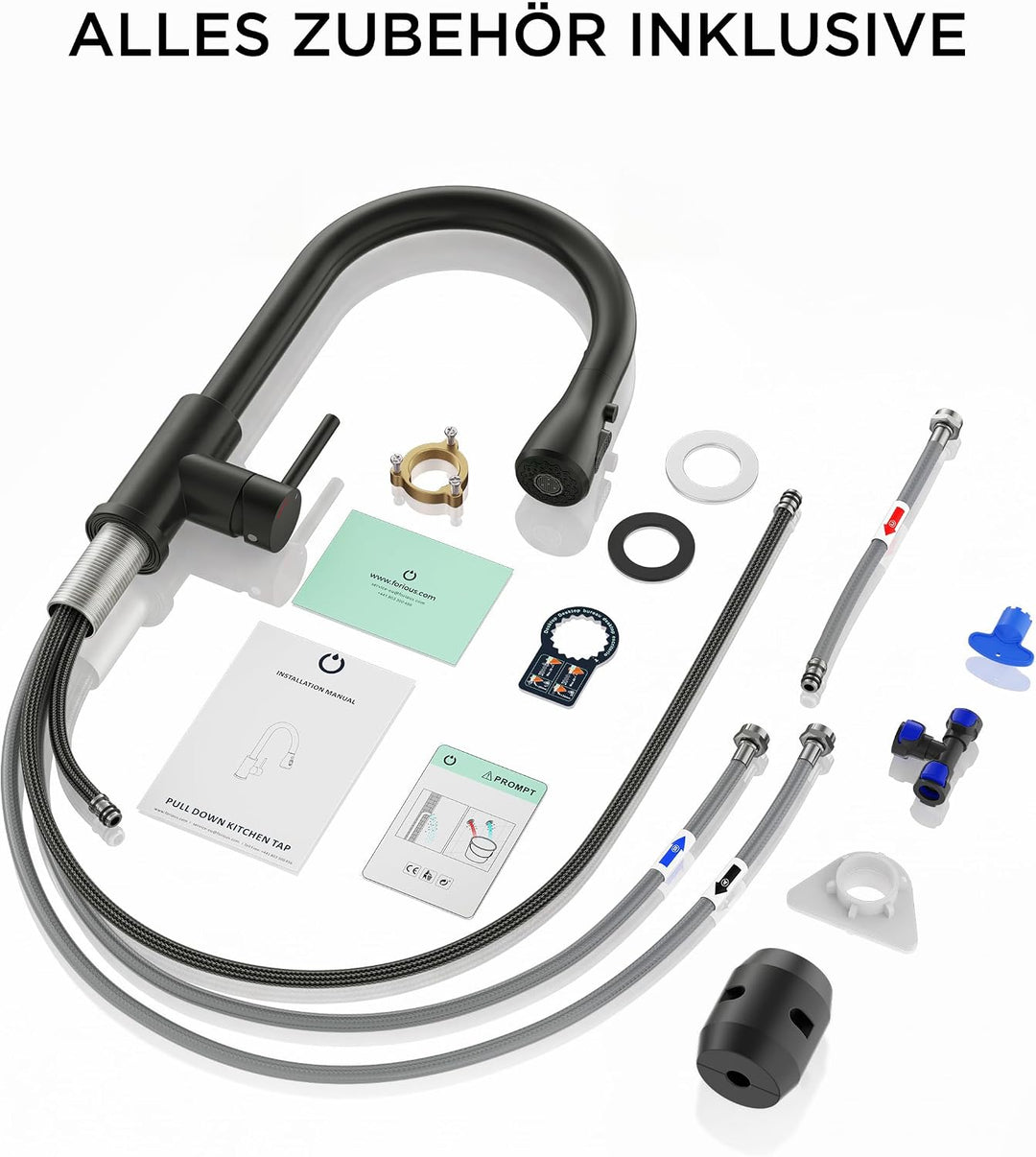 FORIOUS Niederdruck Armatur Küche, Küchenarmatur Ausziehbar mit 2 Strahlarten, Mischbatterie mit 3 A