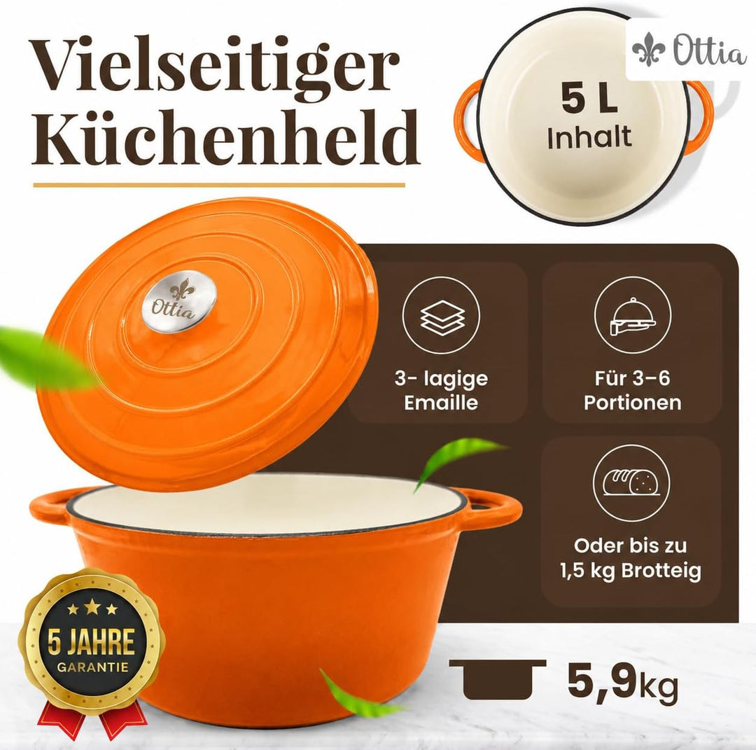 Ottia Gusseisen Topf [inkl. eBook] – Emaille Topf 26cm - Dutch Oven, Brotbackform, Brotbacktopf, Sch