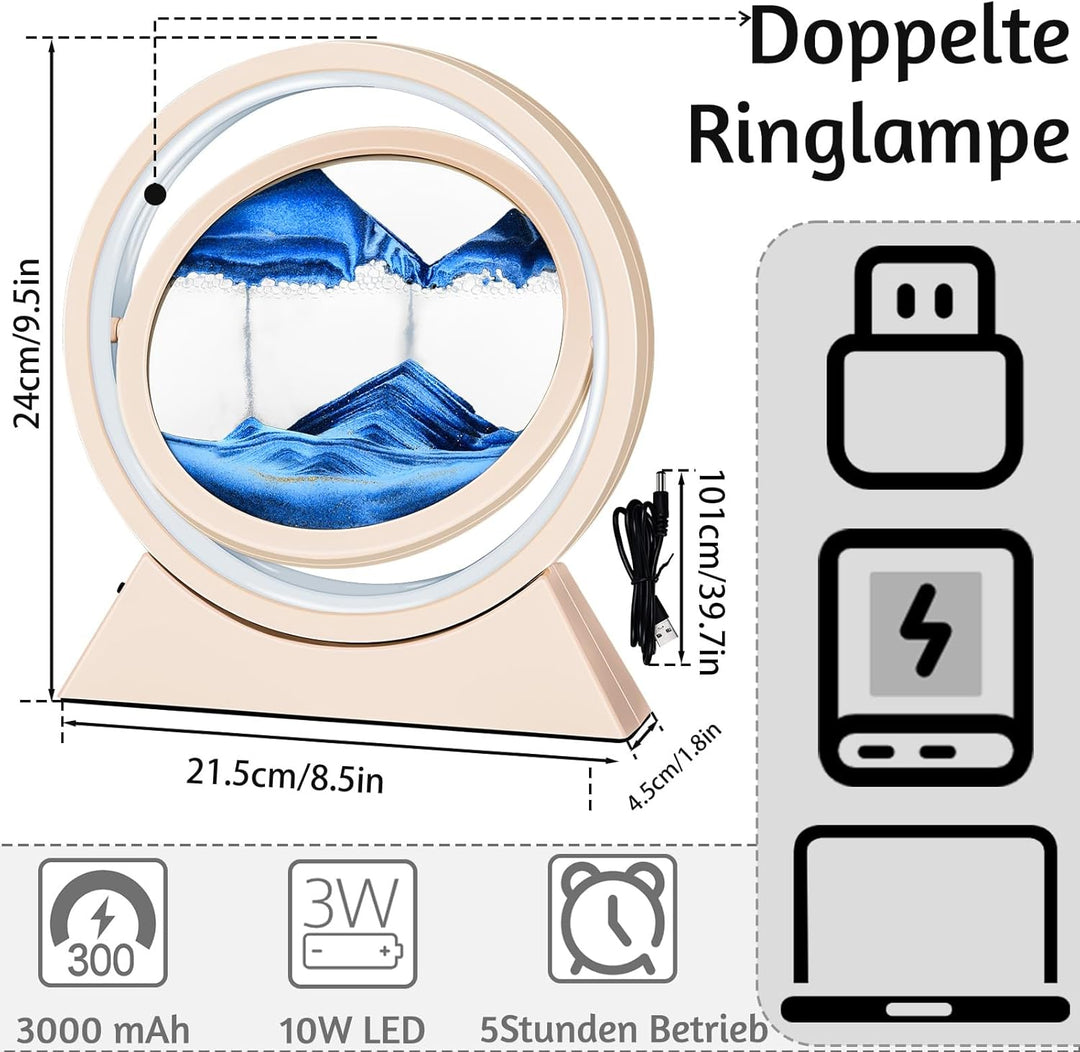 Ulikey Sandbilder Zum Drehen, 3D Dynamische Sandbild mit Led Licht, 10 Zoll Bewegende Sandkunst, Fli