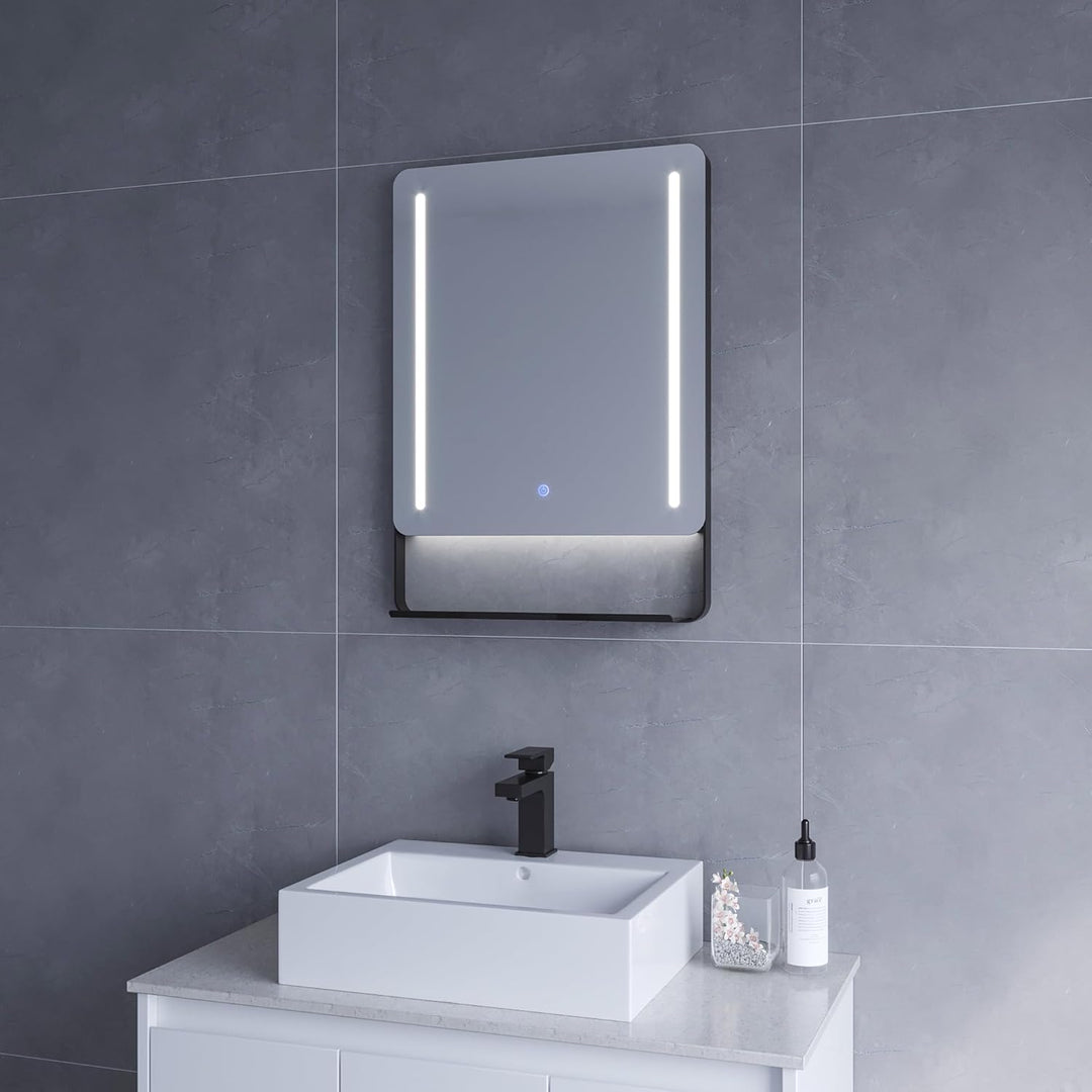 Badezimmer Spiegel mit Beleuchtung und Ablage in schwarz 50 x 70 cm Badspiegel mit hochwertigen Alum