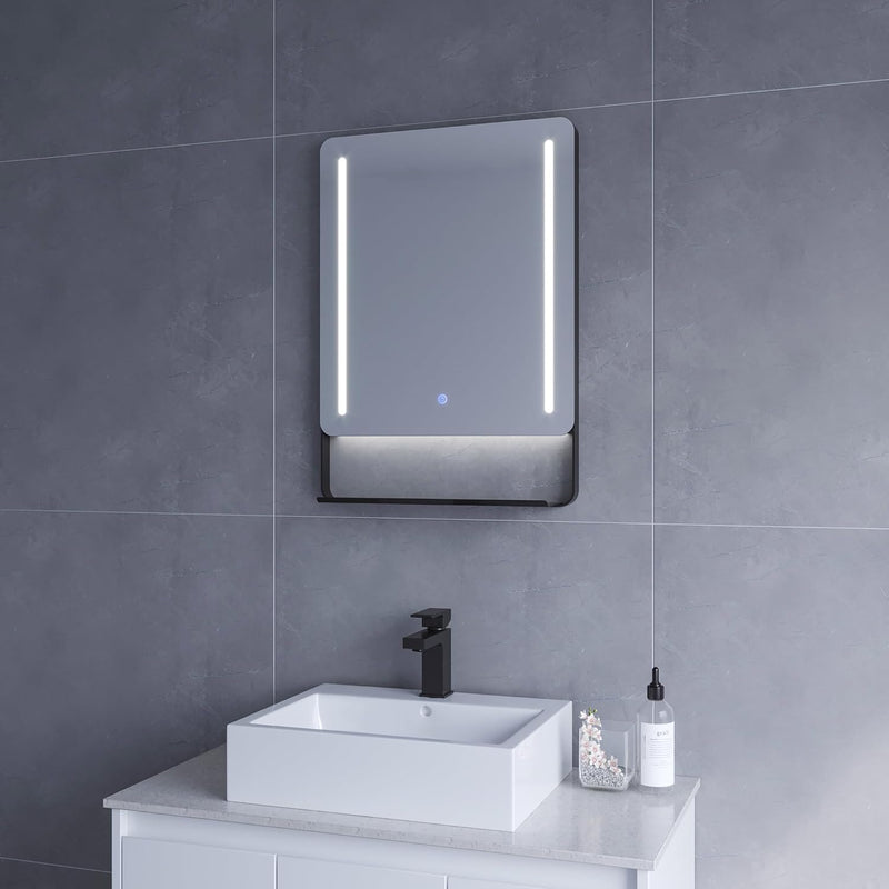 Badezimmer Spiegel mit Beleuchtung und Ablage in schwarz 50 x 70 cm Badspiegel mit hochwertigen Alum