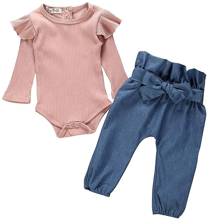 Neugeborenes Baby Mädchen Kleidung Rüschen Strampler + Schleife Denim Hosen Outfits Set 12-18 Monate