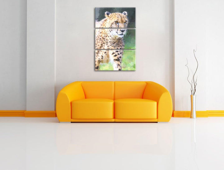 lauernder Gepard auf Wiese Spezial 3-Teiler Leinwandbild 120x80 Bild auf Leinwand, XXL riesige Bilde