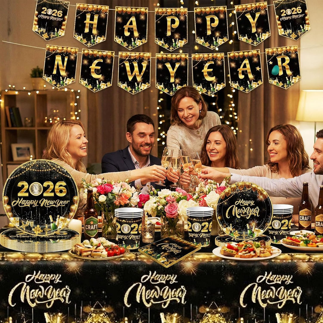 2026 Silvester Partygeschirr für 20 Gäste, 82 Stück Neujahr Partygeschirr mit Silvester Pappteller P