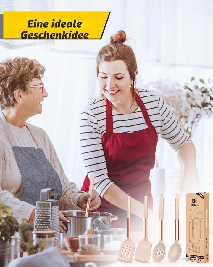4 Stück Silikon-Kochutensilien-Set, antihaftbeschichtet, gross, solide Spatel, hitzebeständig, schwa