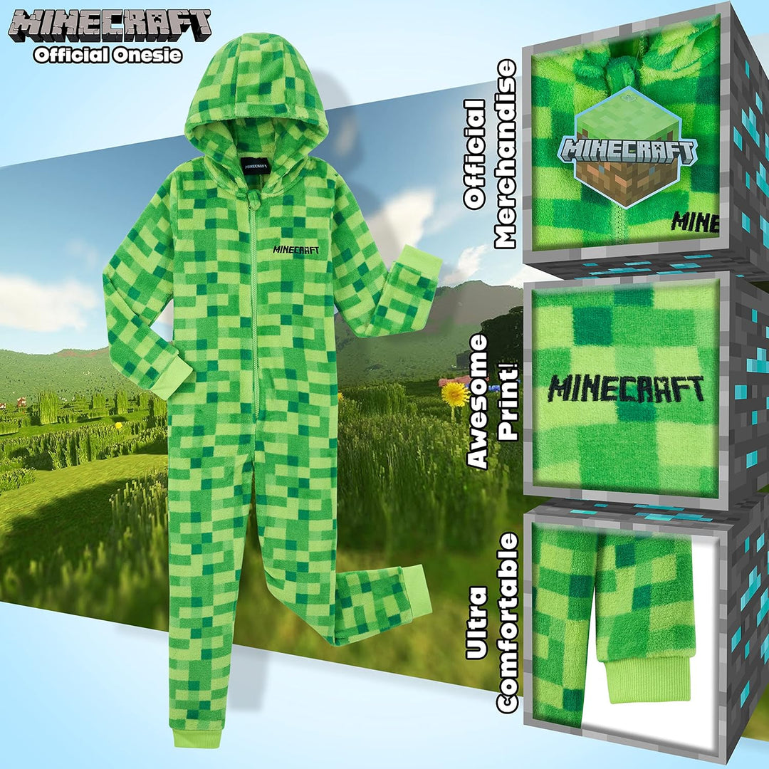 Minecraft Onesie Creeper Fleece Jumpsuit Sleepsuit Gamer Geschenk Schlafoverall mit Kapuze für Junge