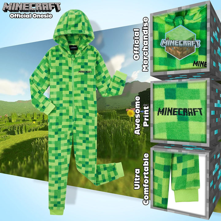Minecraft Onesie Creeper Fleece Jumpsuit Sleepsuit Gamer Geschenk Schlafoverall mit Kapuze für Junge