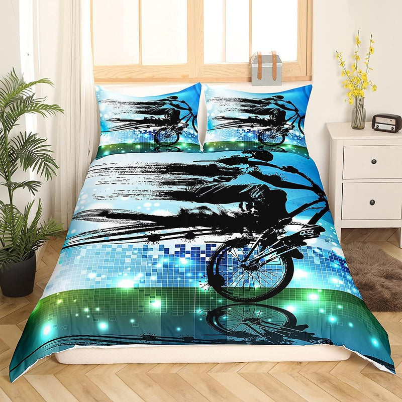 Loussiesd Jungen Bettbezug Set Dirt Bike Sport Bettwäscheset 135x200cm BMX Rider Silhouette Blau Grü