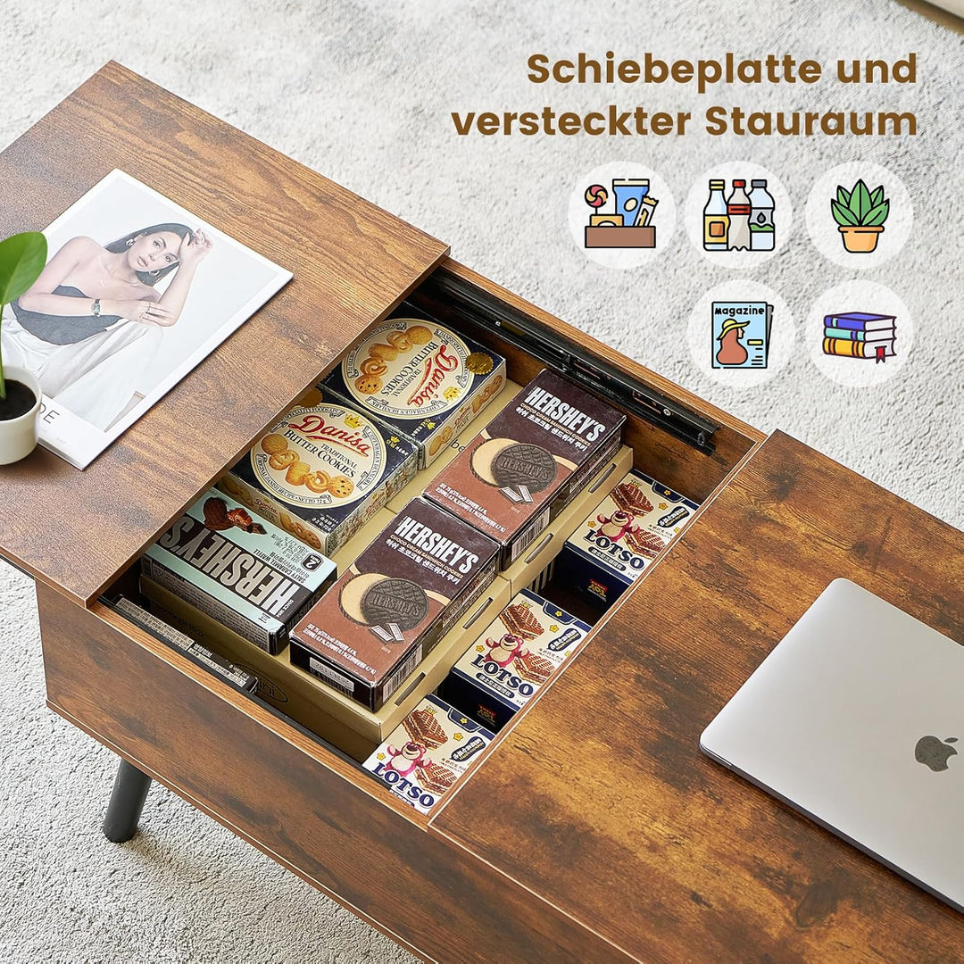 JanflyHome Couchtisch Höhenverstellbar, Couchtisch mit Stauraum, Schiebeplatte, 2 Separates Versteck