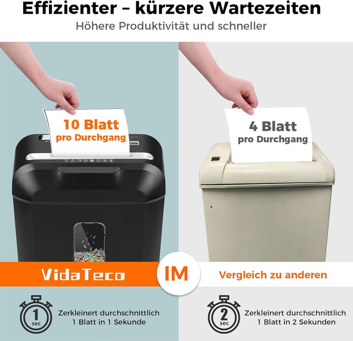 Schredder, 10 Blatt Kreuzschnitt (P-4) Aktenvernichter, VidaTeco Partikelschnitt Papierschredder für