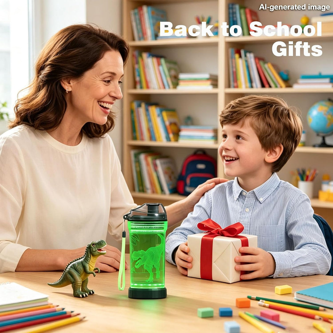 Lightzz Kids Wasserflasche mit 3D leuchtendem Dinosaurier LED Licht - 14 OZ Tritan BPA Free - Kreati