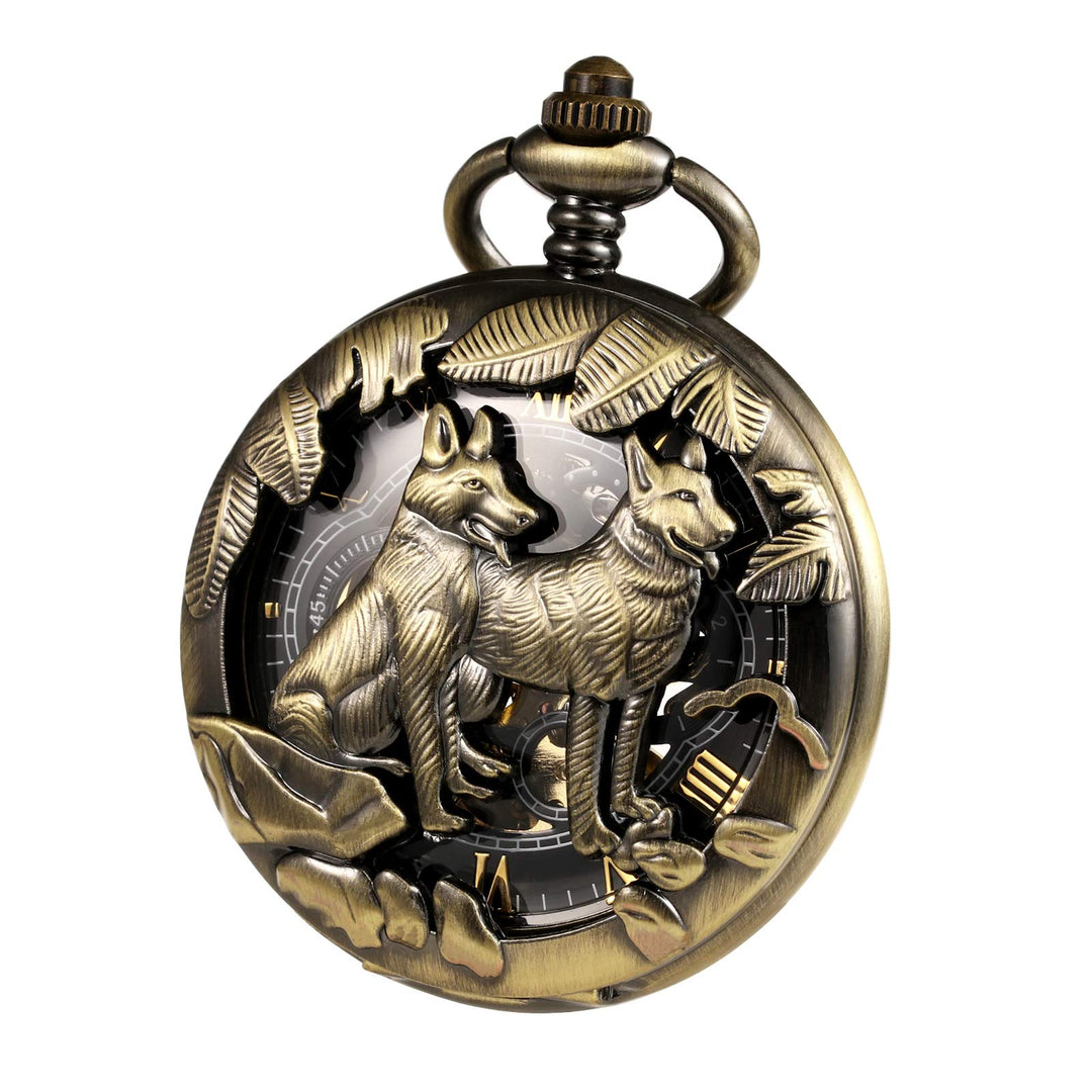 TREEWETO Unisex Taschenuhr mit Kette Analog Mechanisch Handaufzug Wolf wölfe Skelett Hohl Fall Für M