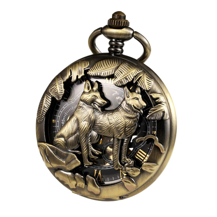 TREEWETO Unisex Taschenuhr mit Kette Analog Mechanisch Handaufzug Wolf wölfe Skelett Hohl Fall Für M