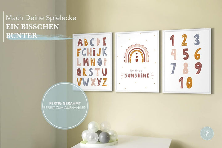 Papierschmiede® Kinderbilder 3er Set Lernposter, A3 gerahmt in Holzrahmen (weiss), Geschenk für Mädc