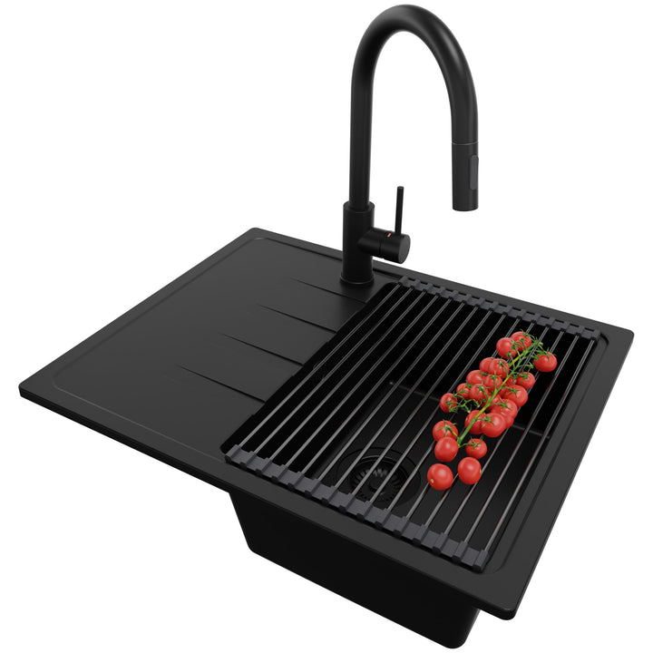 PRIMAGRAN Granitspüle Alles Schwarz 62x50cm, Spülbecken 1 Becken + Küchenarmatur 40x20cm + Zuberhor-