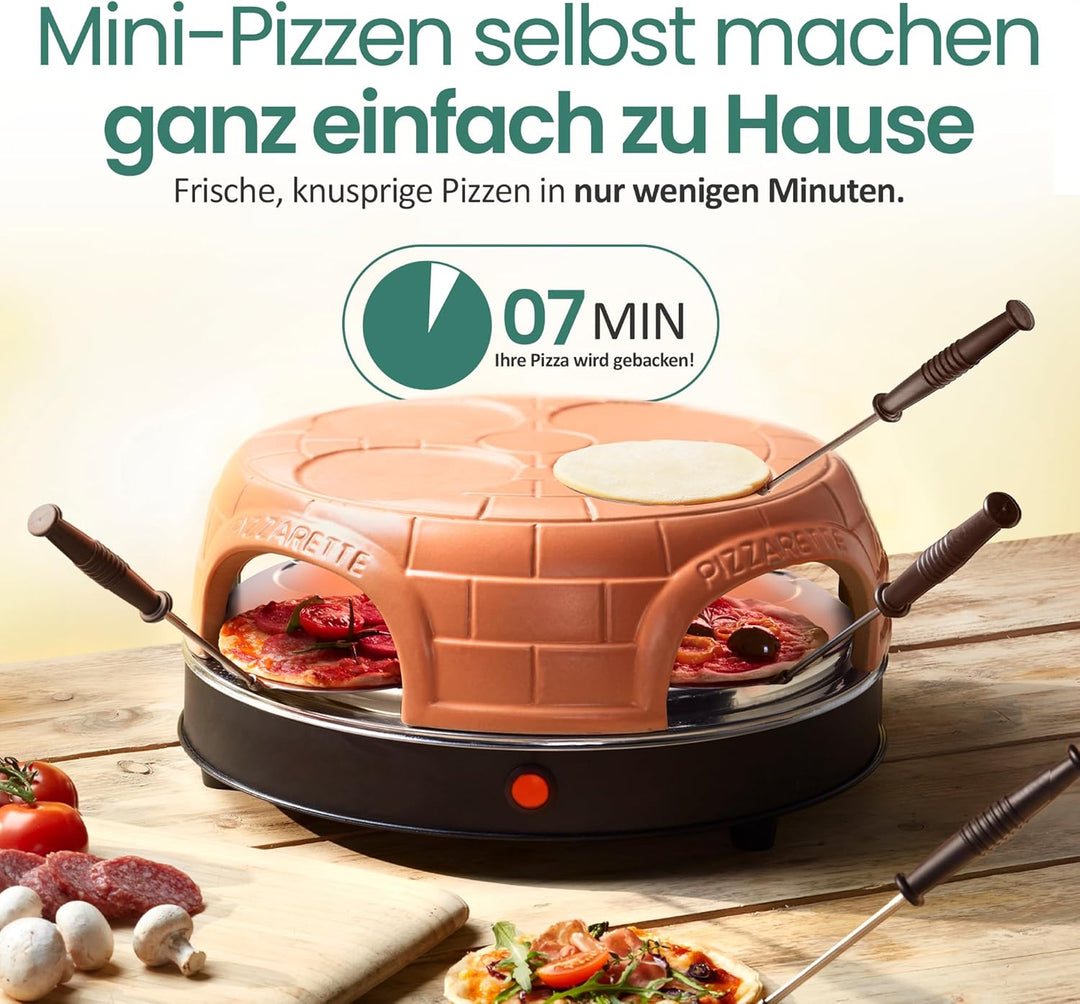 Emerio Pizzaofen, PIZZARETTE das Original, handgemachte Terracotta Tonhaube, neues PRE-BAKE Design,