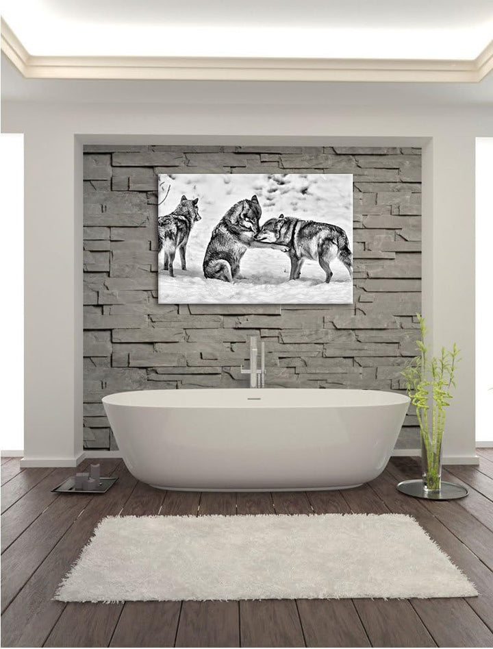 Pixxprint spielendes Wolfsrudel / 100x70cm Leinwandbild bespannt auf Holzrahmen/Wandbild Kunstdruck