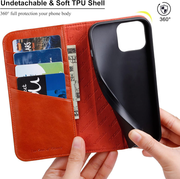 VISOUL iPhone 14 Plus Hülle, Stossfeste Handyhülle [Erstklassiges Rindsleder], TPU Schutzhülle [Kart