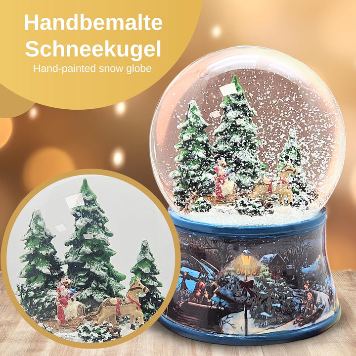 Schneekugel Weihnachten Spieluhr | Schlittenfahrt mit Christbaum | Sockel Winterlandschaft Eisläufer