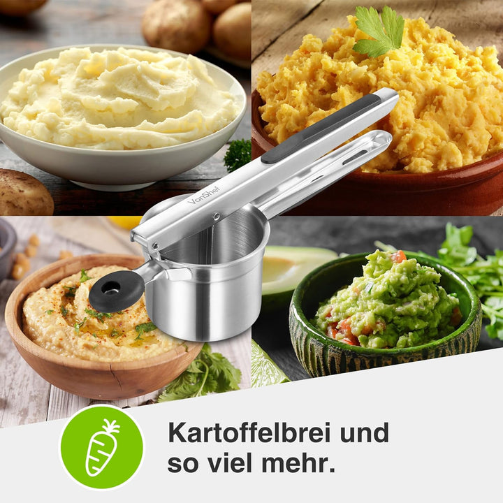 VonShef Kartoffelstampfer – Lebensmittelechte Edelstahl Kartoffelpresse mit Silikongriff – Spülmasch
