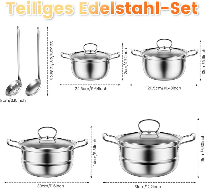 Topfset aus Edelstahl, Grosses Kochgeschirr Induktion-Kochtopf-Set, Töpfe mit Glasdeckel und Stielka
