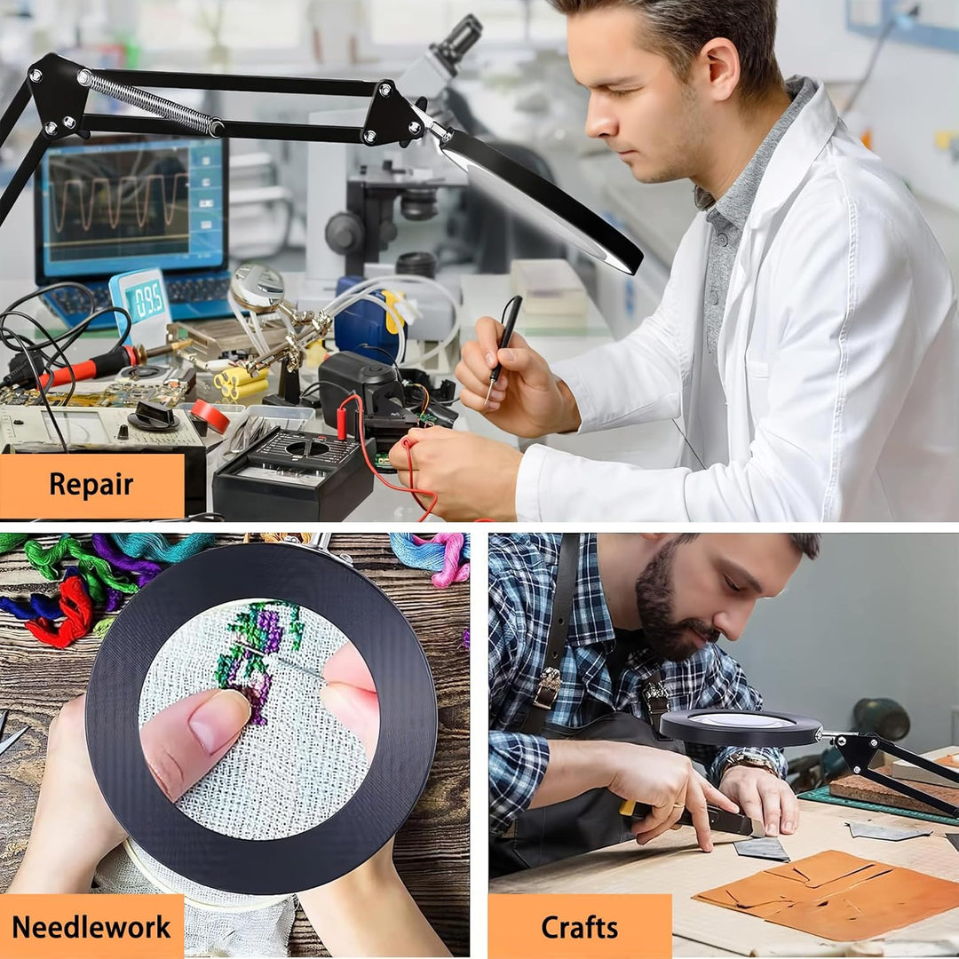 15X Magnifying Glass with Light, LED Desk Lamp with Base and Clamp, 3 Color Modes, 10 Brightness, 72