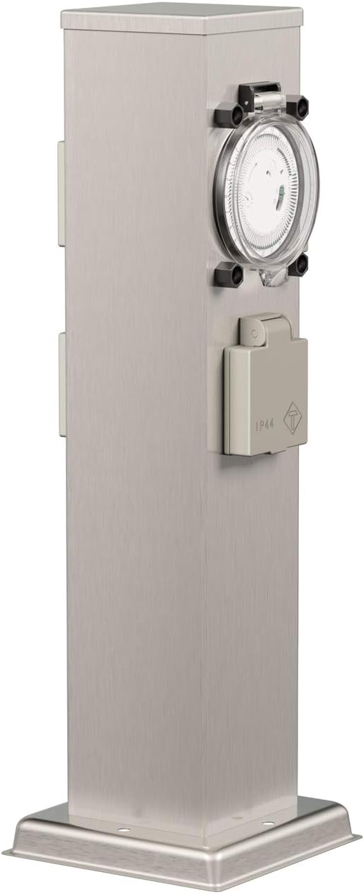 ledscom.de Garten Steckdosensäule Polly für aussen, IP44, Timer/Zeitschaltuhr, 3-Fach, Edelstahl, ec