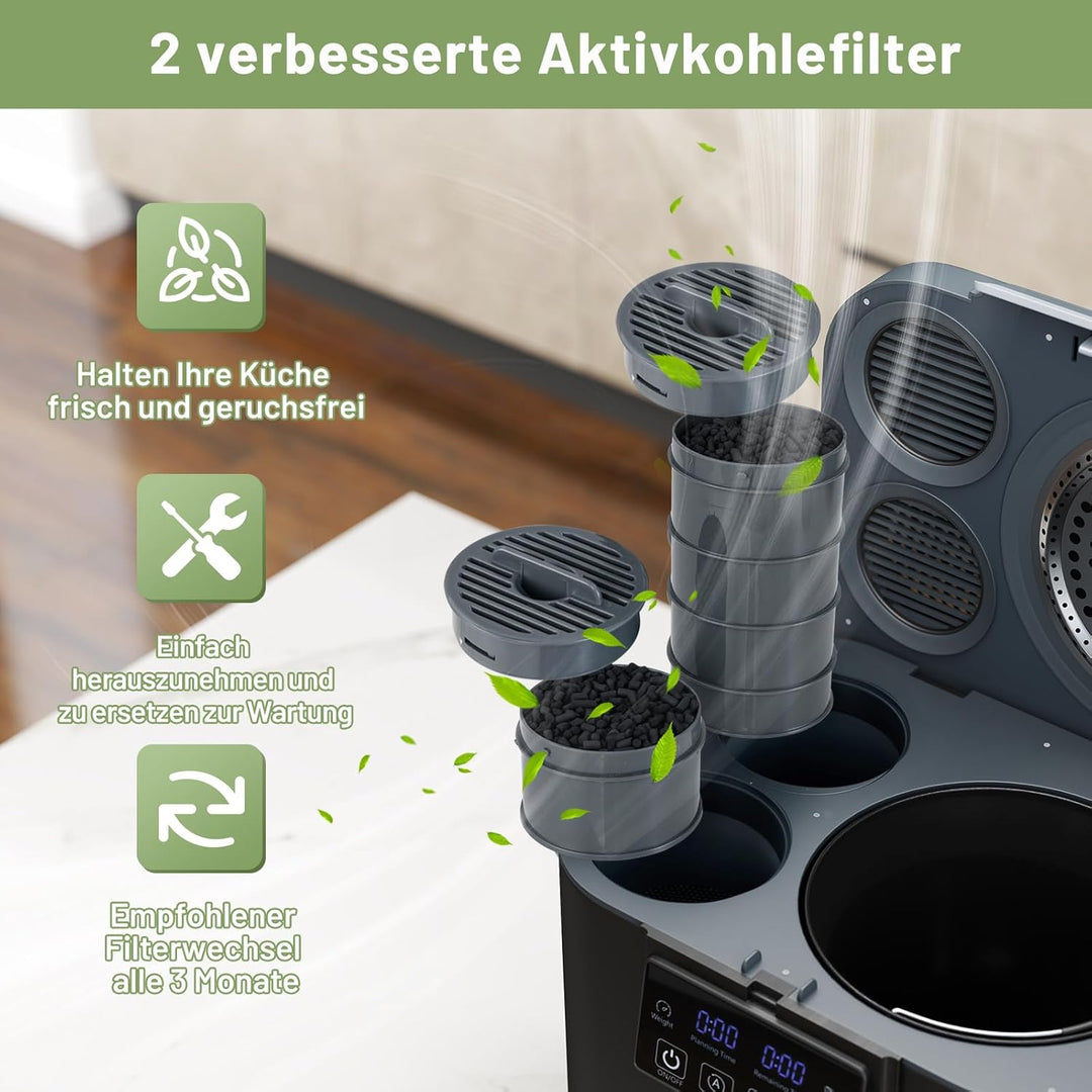 COSTWAY 4 L Elektrischer Komposter, Küchenkomposter mit Deckel, 2 Aktivkohlefilterbox & LED-Anzeige,