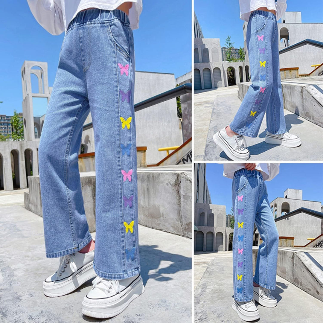 Rolanko Mädchen Jean Hosen Loch Denim Blau Jeans, Vintage Hose mit weitem Bein für Kinder Fit 6-7 Ja