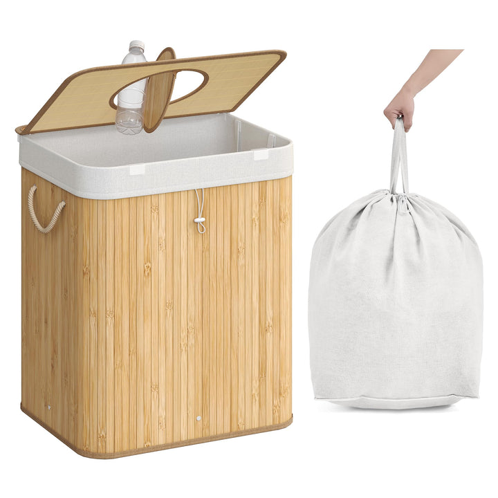 SONGMICS Pfandflaschen-Sammelbehälter, 95 L Pfandflaschen-Behälter, Bambus, Flaschensammler Leergut,