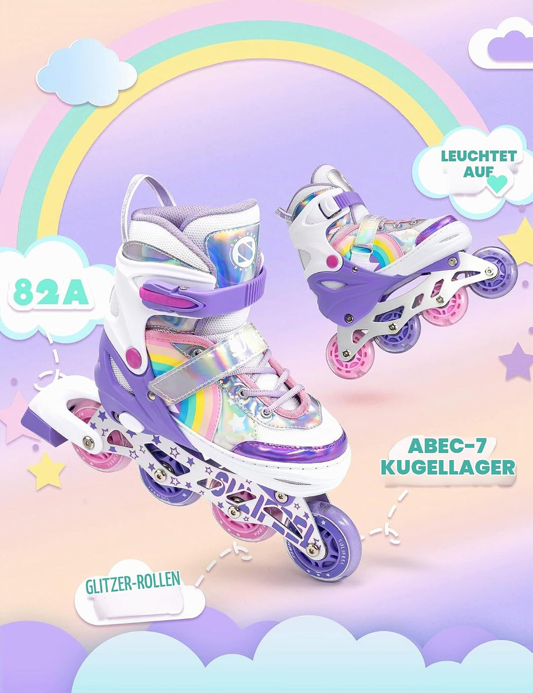 SULIFEEL Rainbow Unicorn Verstellbare Schwarz Rollschuhe für Kinder mit Leuchtenden Rädern für Junge