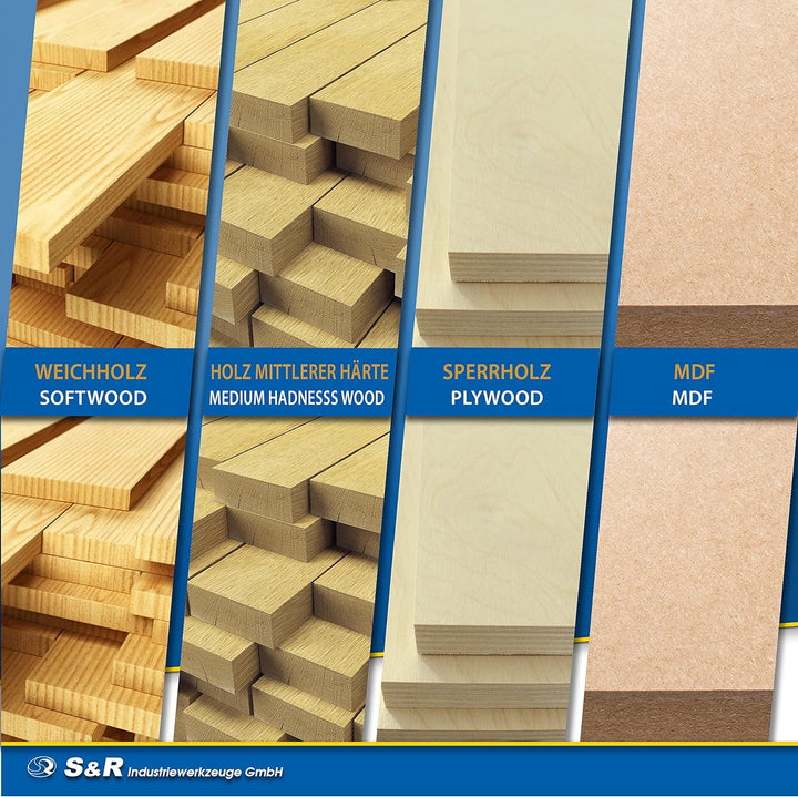 S&R Holzfräser-Set HM 15-tgl., Holzfräs-Bits für 8mm Schaft, Holzkoffer, geschmiedeter Werkzeugstahl