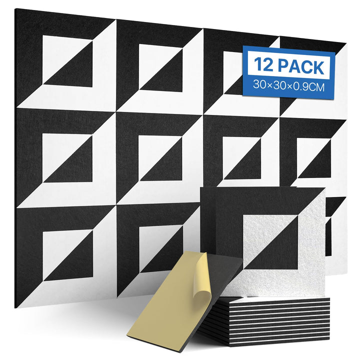 Soundsbay Akustikpaneele 3D Selbstklebend 12 Stück Schwarz-Weiss 30x30x0.9cm | Dekorative aus Filz,