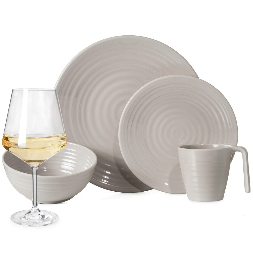 Melamin Camping Geschirr Set 4 Personen Coffee Design 16 Teilig + 4 Milano Weiss Weingläser Tafelges