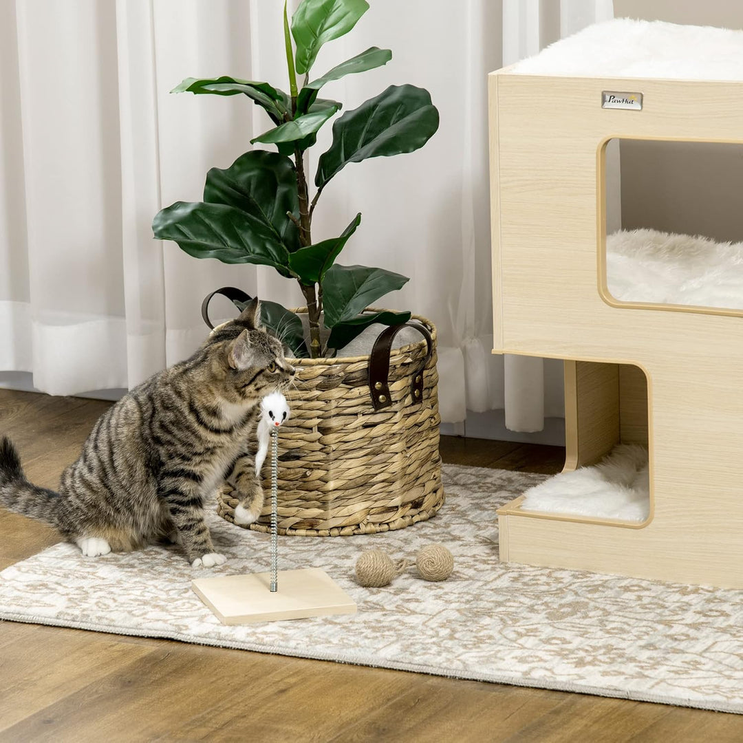 PawHut Katzenhöhle Katzenbett 3-stufiges Katzenhaus mit Kissen, Katzenzelt Haustierhaus Eiche 34 x 3