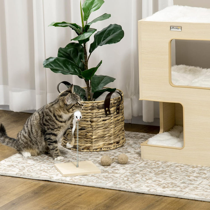 PawHut Katzenhöhle Katzenbett 3-stufiges Katzenhaus mit Kissen, Katzenzelt Haustierhaus Eiche 34 x 3