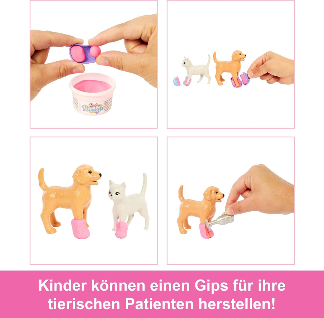 Barbie Gute Besserung“ Tierkrankenstation-Spielset aus Modepuppe mit rosa gefärbten Haaren, Tierarzt