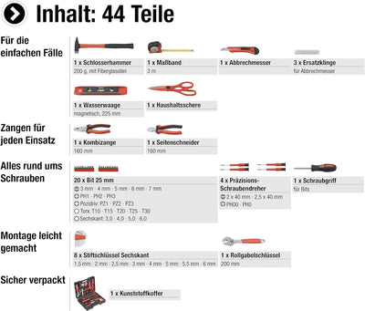 Meister Haushaltskoffer 44-teilig - Werkzeug-Set - Werkzeug für den täglichen Gebrauch / Werkzeugkof