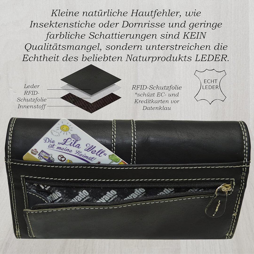 flevado Damengeldbörse Echt Leder RFID Schutz Schnallenoptik Klickverschluss 3 Farben wählbar (Schwa