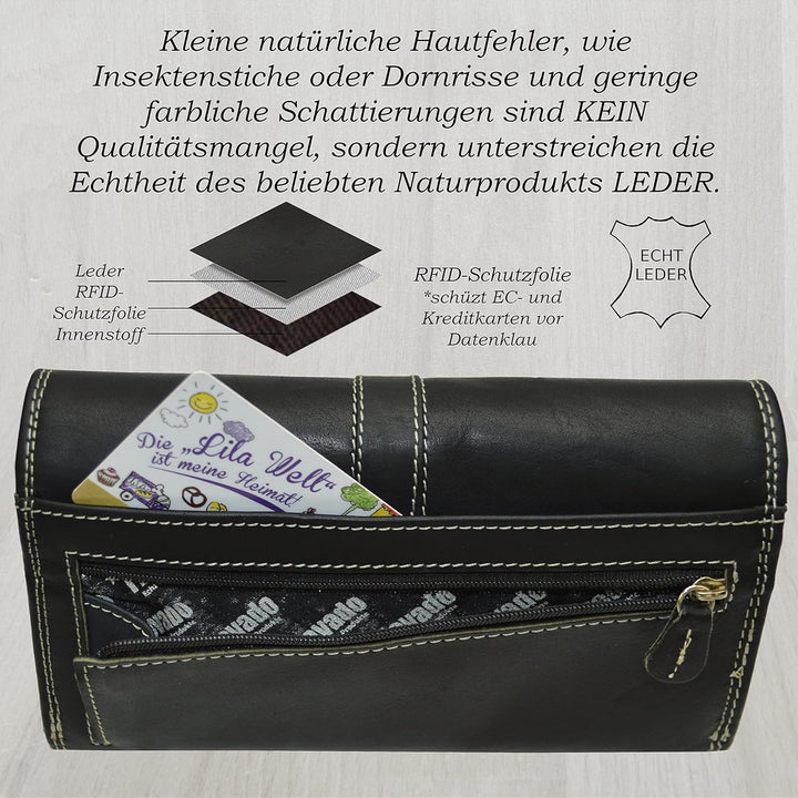 flevado Damengeldbörse Echt Leder RFID Schutz Schnallenoptik Klickverschluss 3 Farben wählbar (Schwa