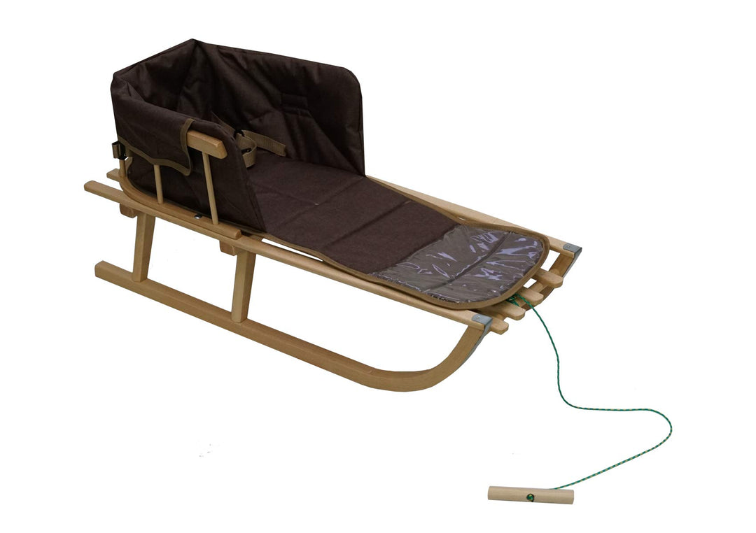 Holzschlitten für Kinder mit Rückenlehne Rodelschlitten Davoser Schlitten aus Holz mit einem Sicherh