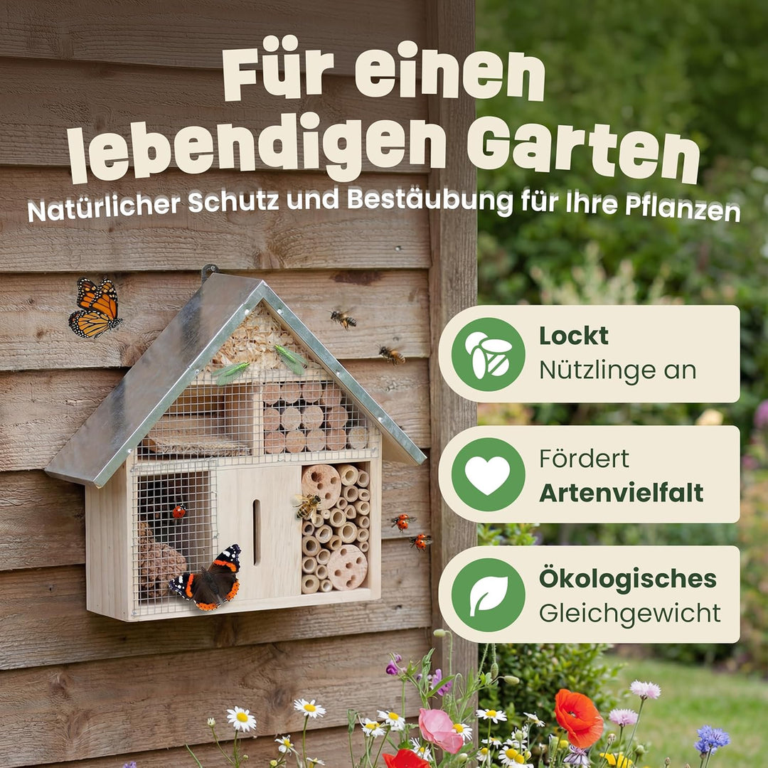 zooprinz Insektenhotel klein mit Metalldach – Insektenhaus/Bienenhotel aus Holz mit Bambus Röhrchen