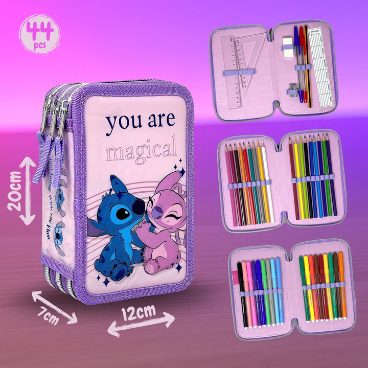 Clondo 3D Mädchen Federmäppchen 3-Fach – 44-teilig gefüllt – für Stitch und Angel Fan – mit Filzstif
